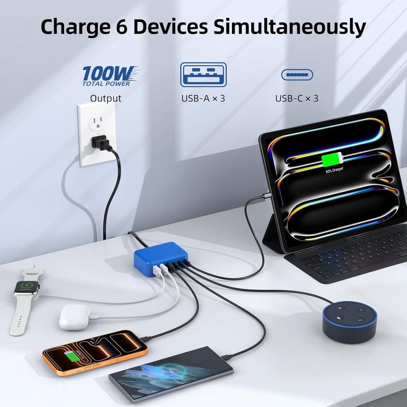 BOVICAS USB C Charger Block, 100W GaN 6 Port PD USB C QC USB A Wall Charger Adapter Plug Cube, Super Fast Type C Charging Station Hub for iPhone 17 16 15 14 Pro Max iPad Samsung Pixel - Image 3